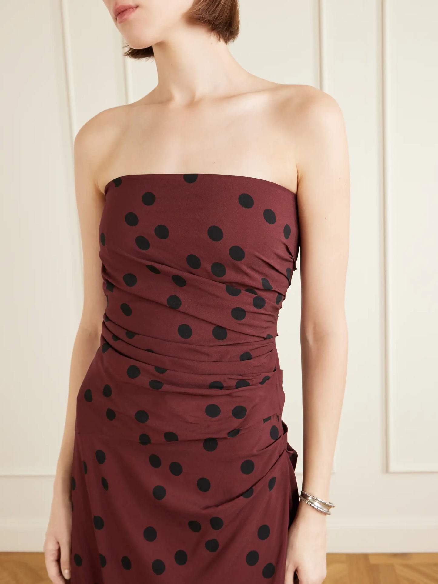 Nayara Strapless Gathered Polka-dot Crepe Midi Dress