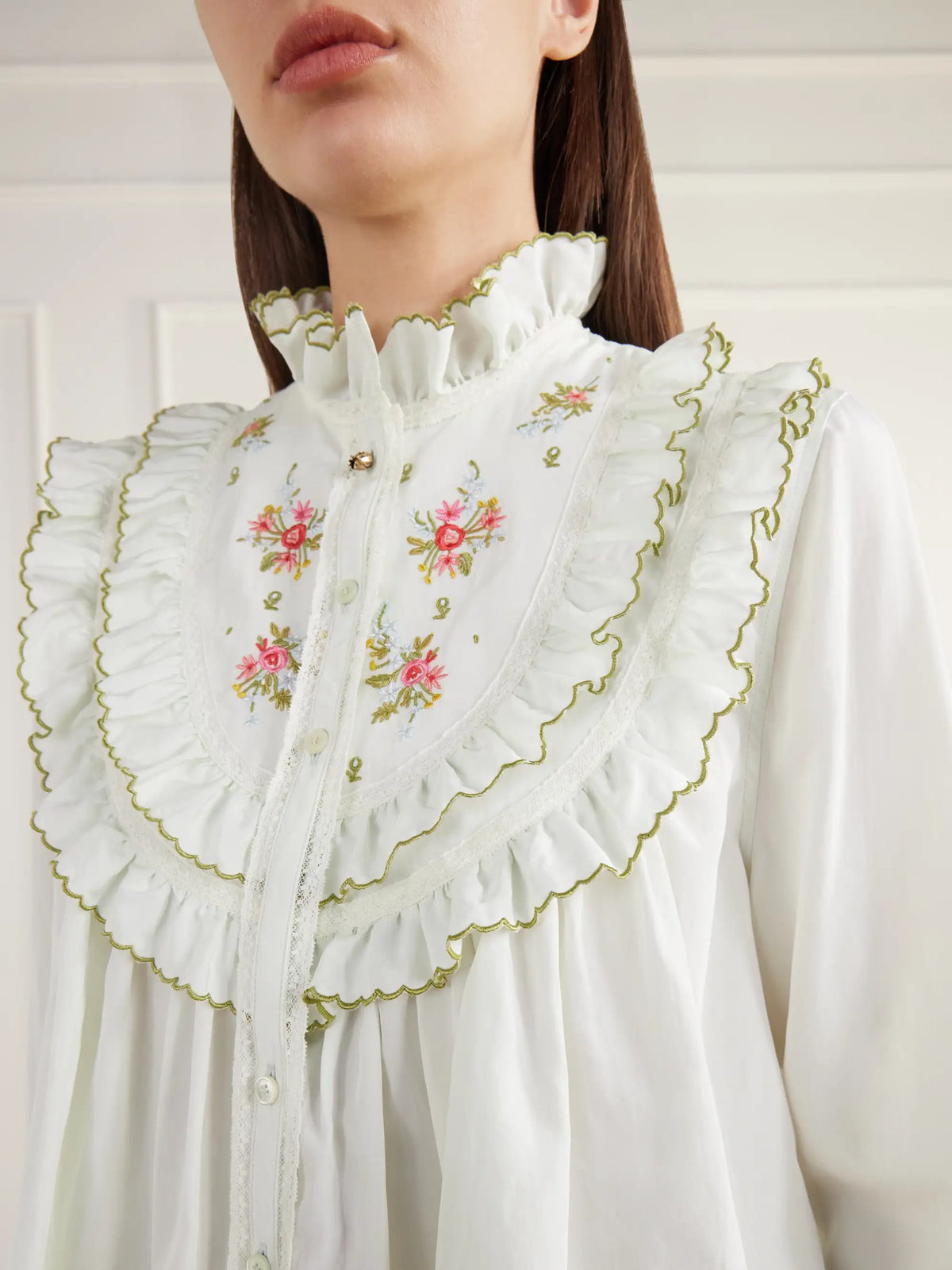 Chloé Ruffled Embroidered Lace-trimmed Silk-blend Poplin Blouse