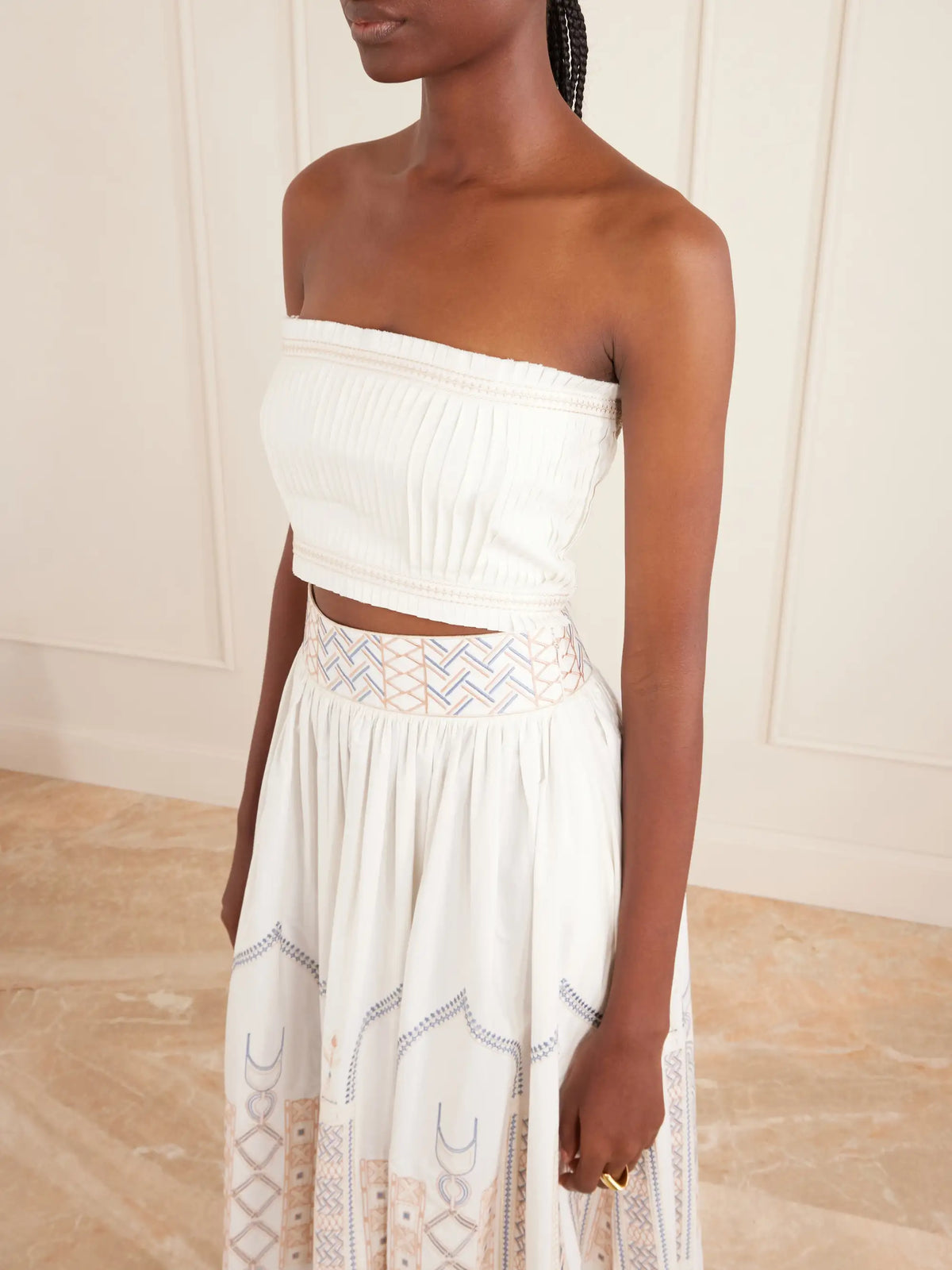 Emporio Sirenuse Flavia Strapless Cropped Embroidered Pleated Cotton-blend Top