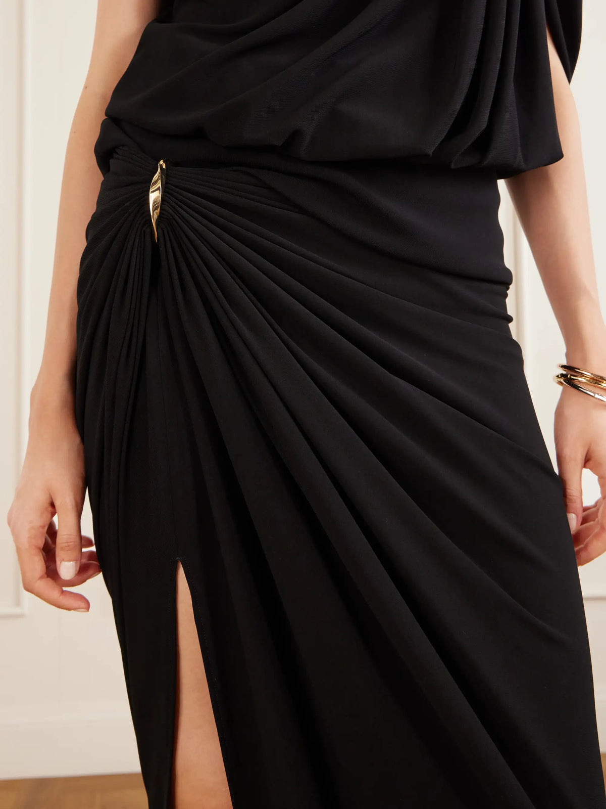 Embellished Draped Jersey Midi Skirt
