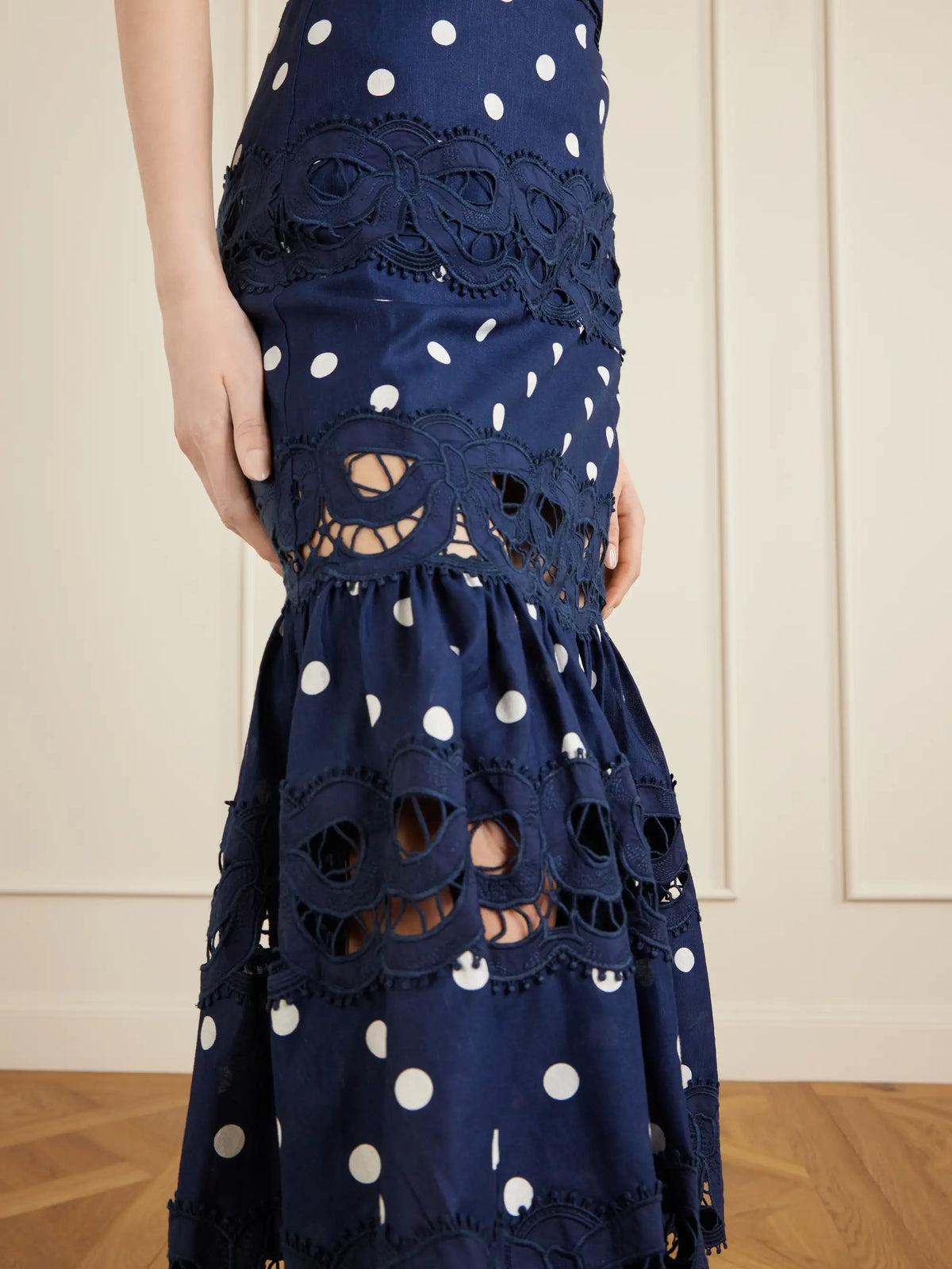 Self-Portrait Belted Polka-dot Linen And Cotton-blend Midi Dress