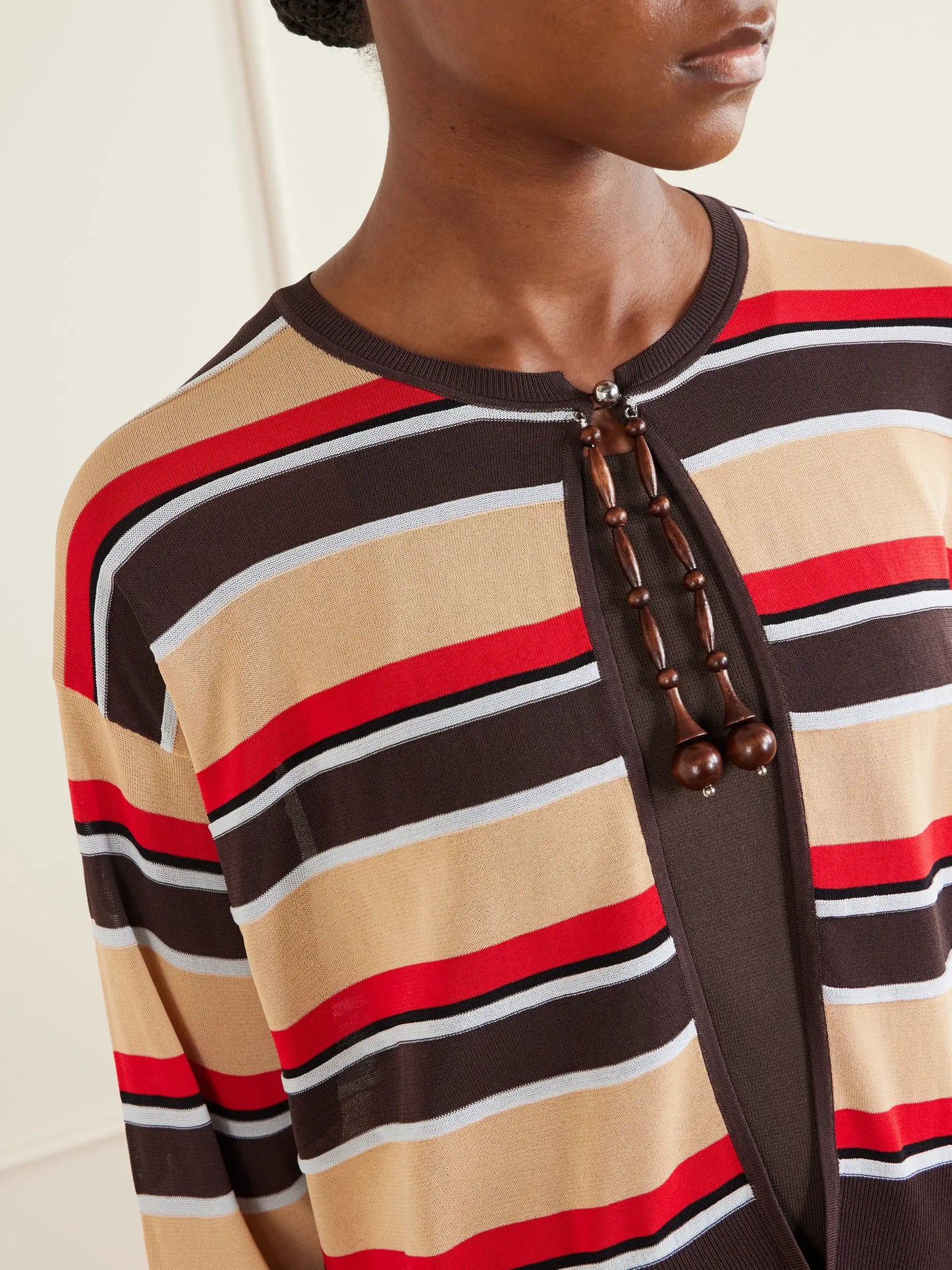 Bead-embellished Striped Knitted Cardigan