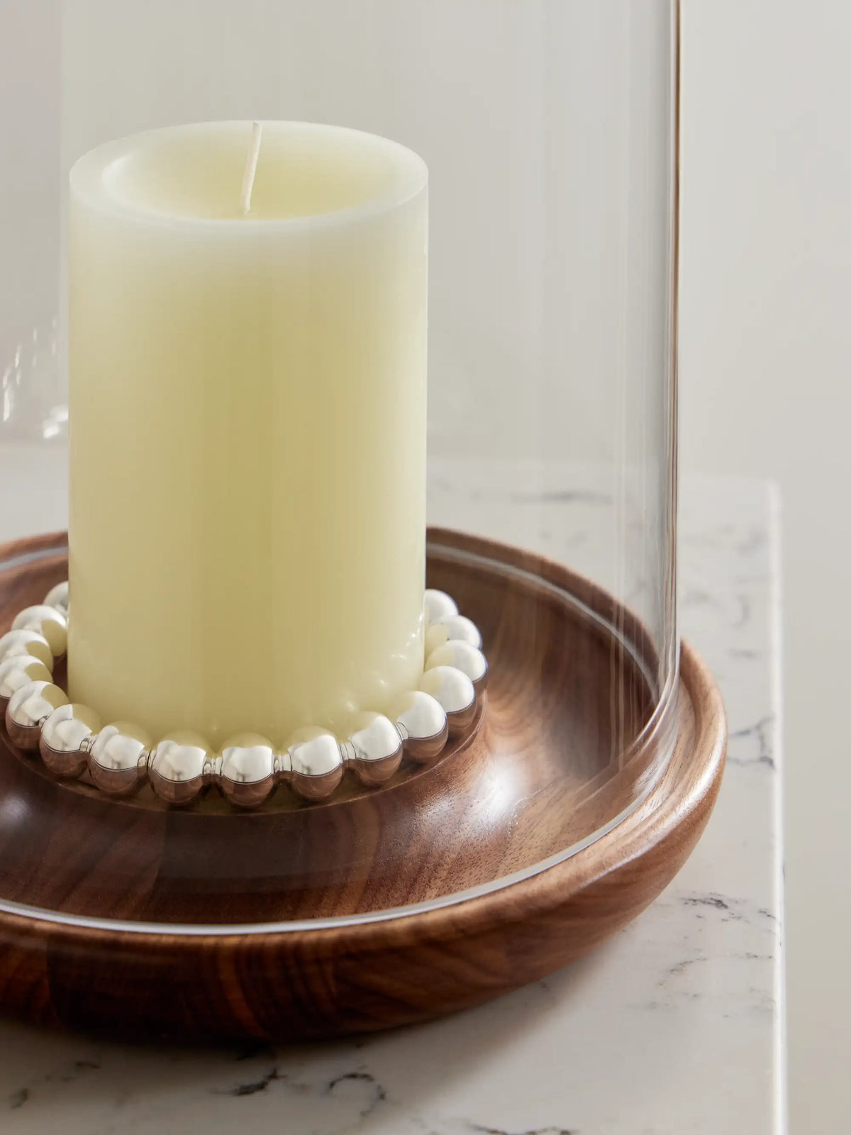 Perles Large Glass, Walnut And Silver-plated Hurricane Candle Holder