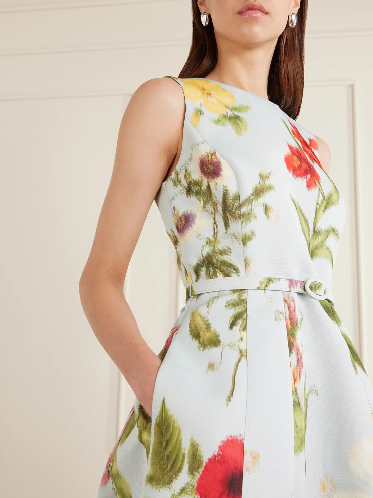 Oscar de la Renta Belted Floral-print Faille Midi Dress