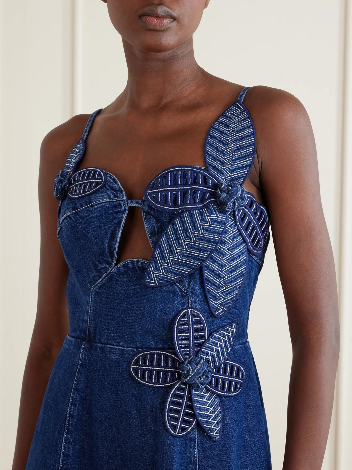 Farm Rio Floral-appliquéd Denim Midi Dress
