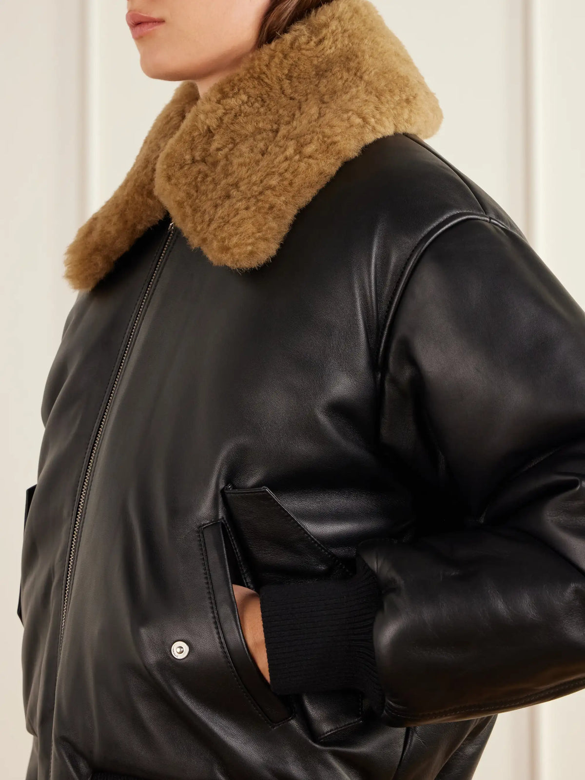 AMI PARIS Plush-trimmed Padded Leather Jacket