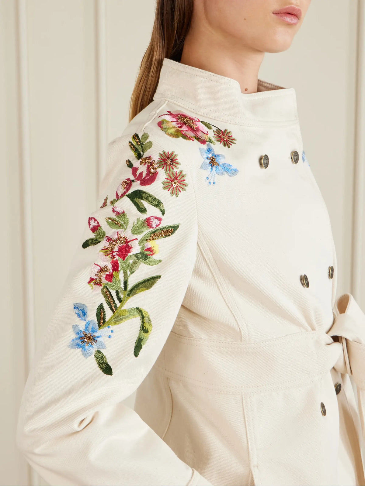 Belted Embellished Embroidered Denim Jacket