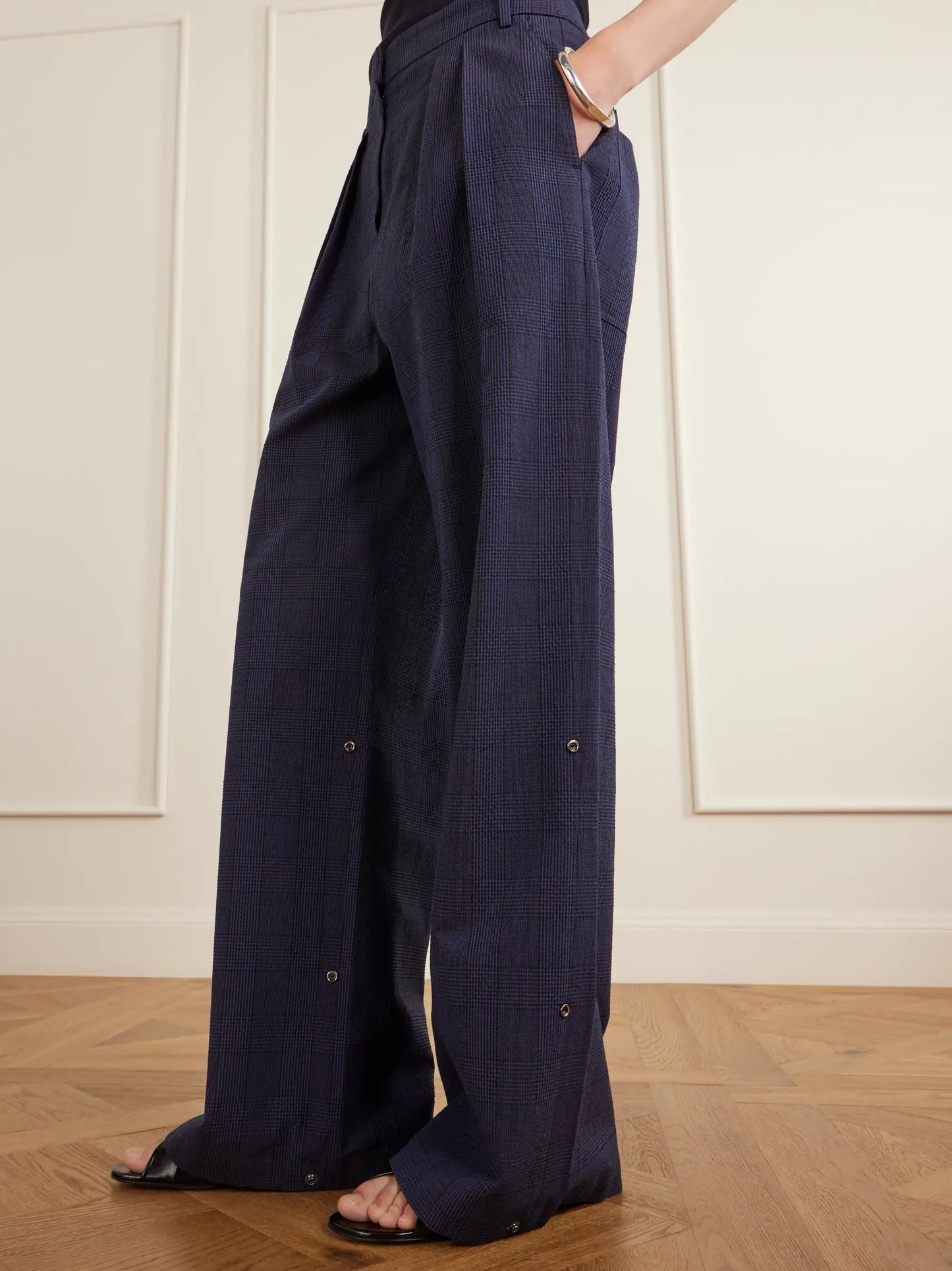 Stella Pleated Checked Wool And Cotton-blend Wide-leg Pants