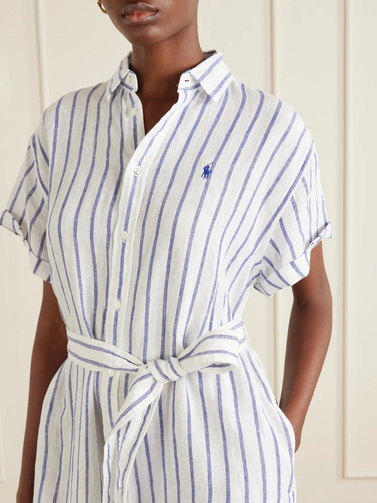 Belted Striped Linen Midi Dress