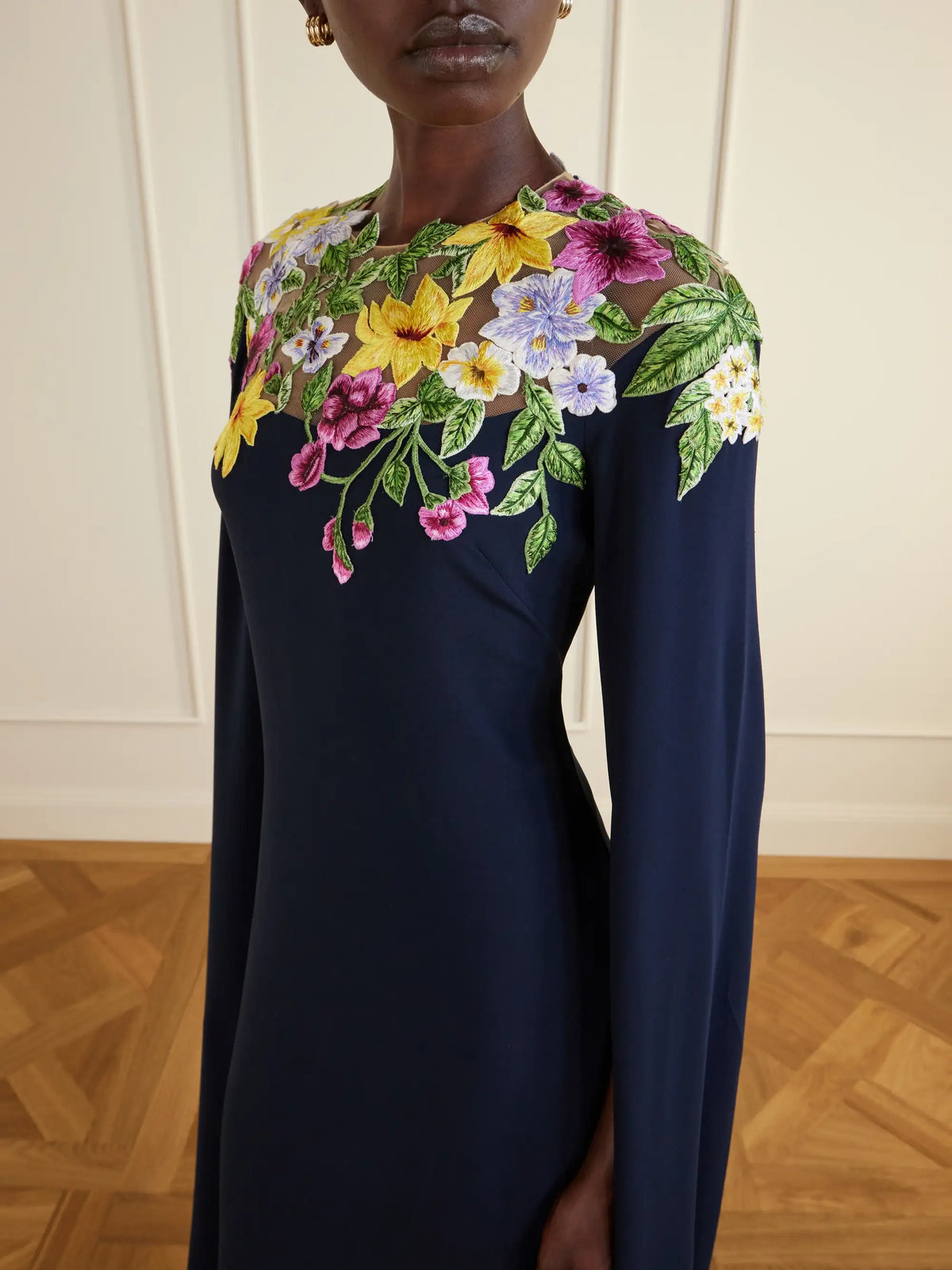 Oscar de la Renta Cape-effect Floral-embroidered Silk-blend Georgette Gown