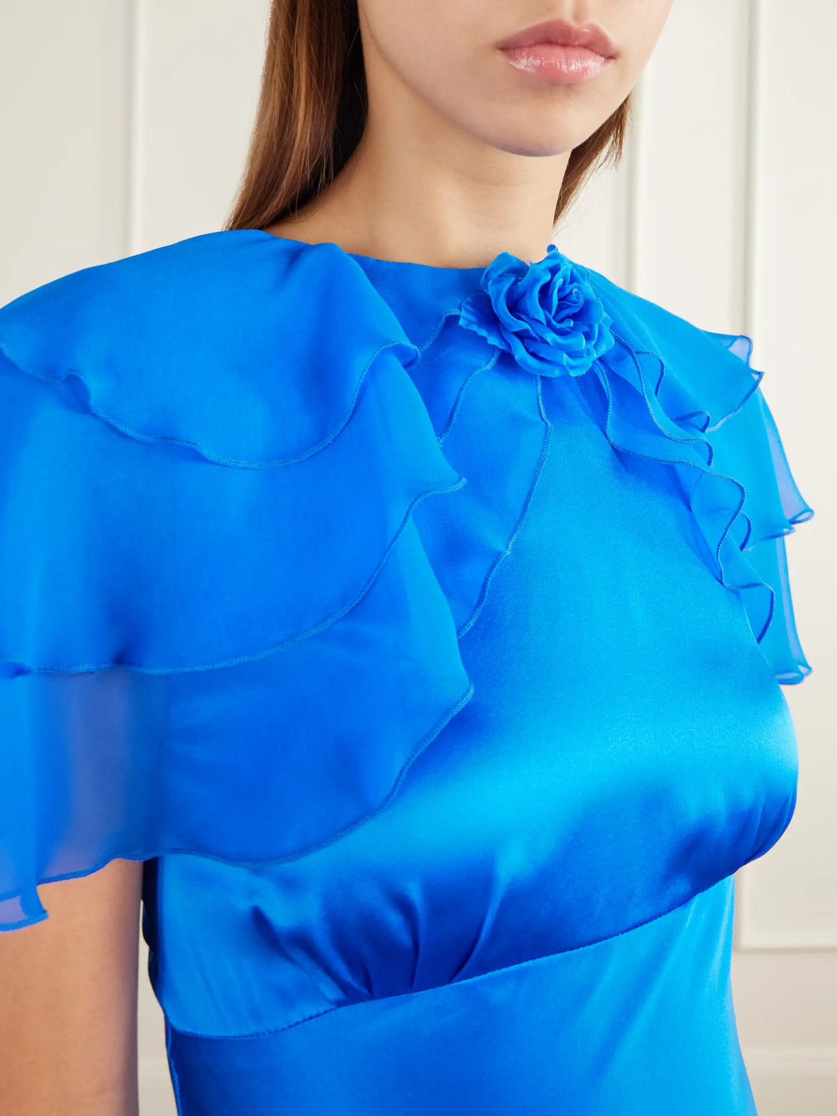 Rodarte Ruffled Cape-effect Floral-appliquéd Silk-satin Midi Dress