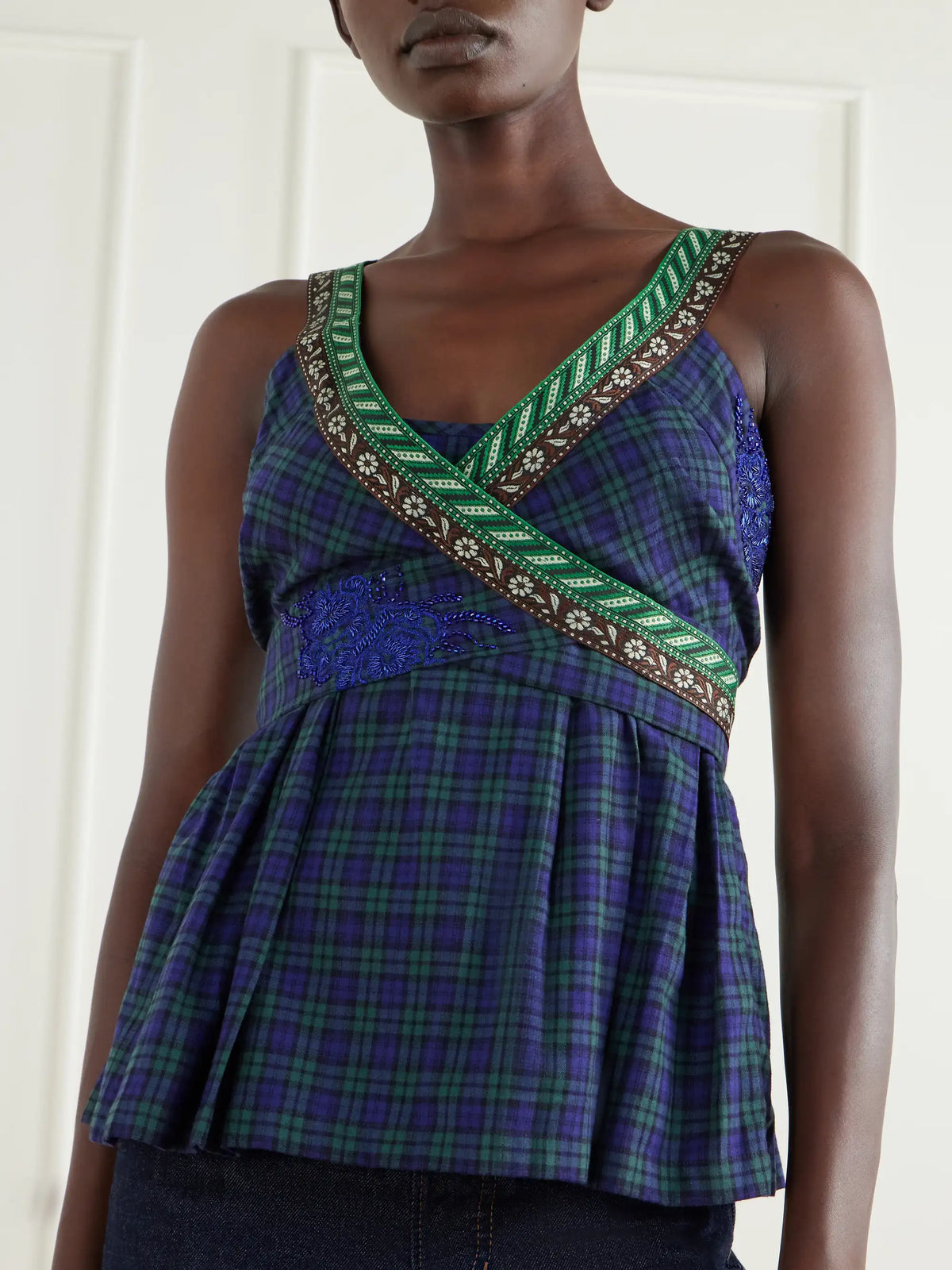 Dries Van Noten Embellished Wrap Checked Cotton Top