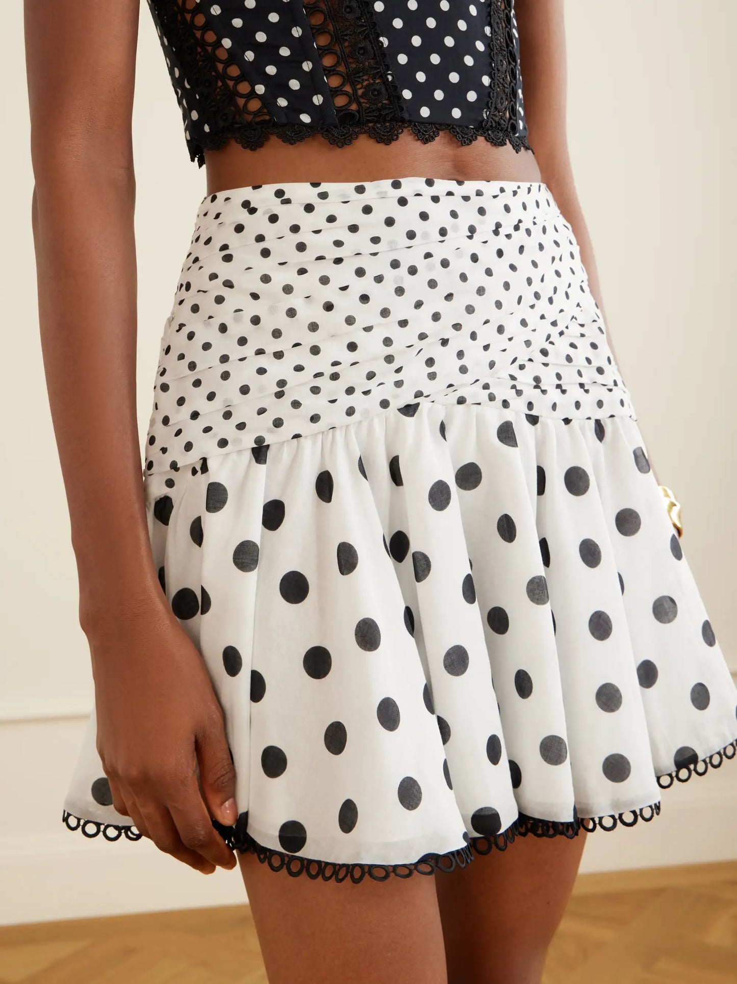 Noira Ruched Guipure Lace-trimmed Polka-dot Cotton-blend Voile Mini Skirt