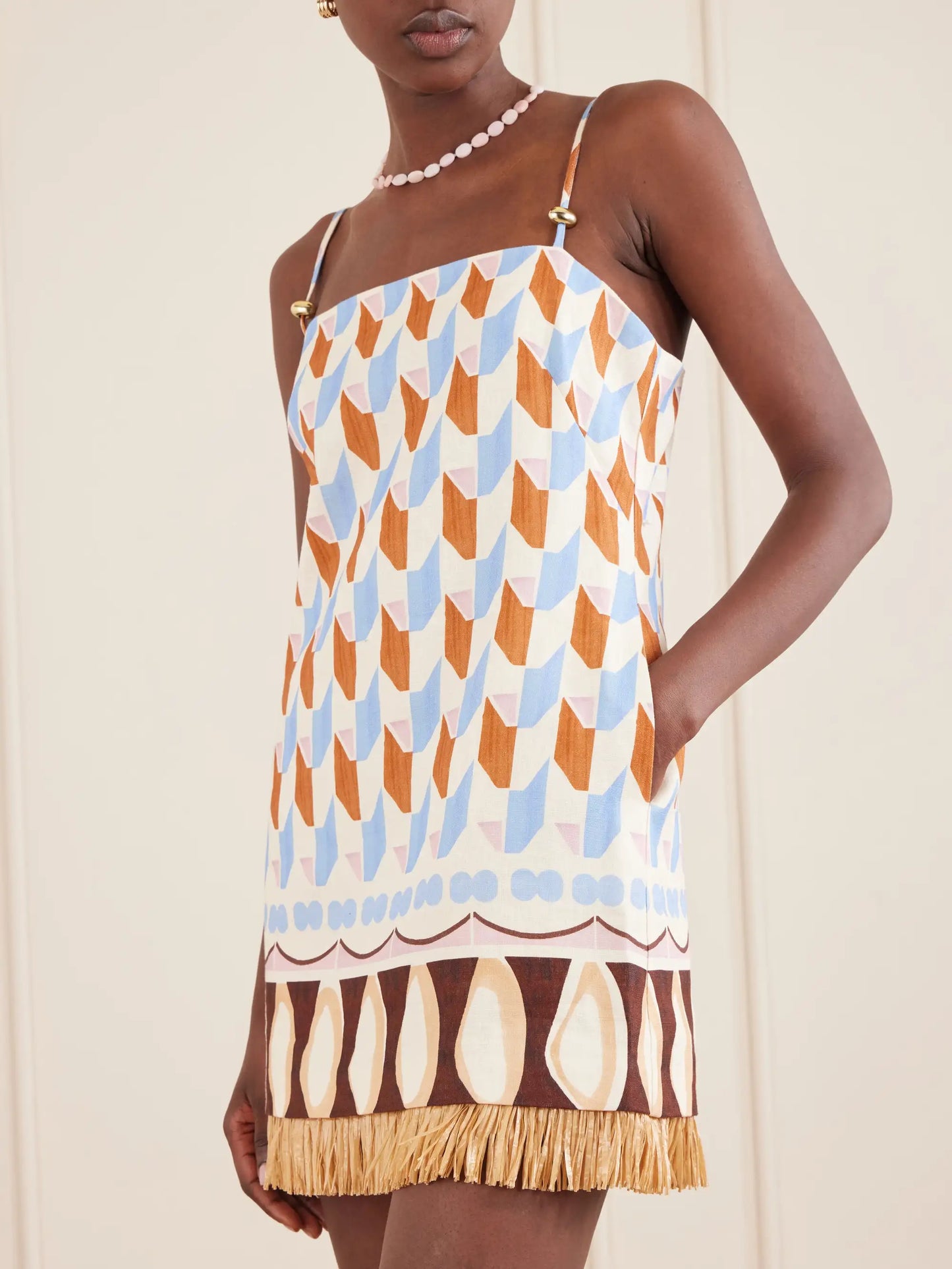 Valencia Printed Fringed Linen Mini Dress