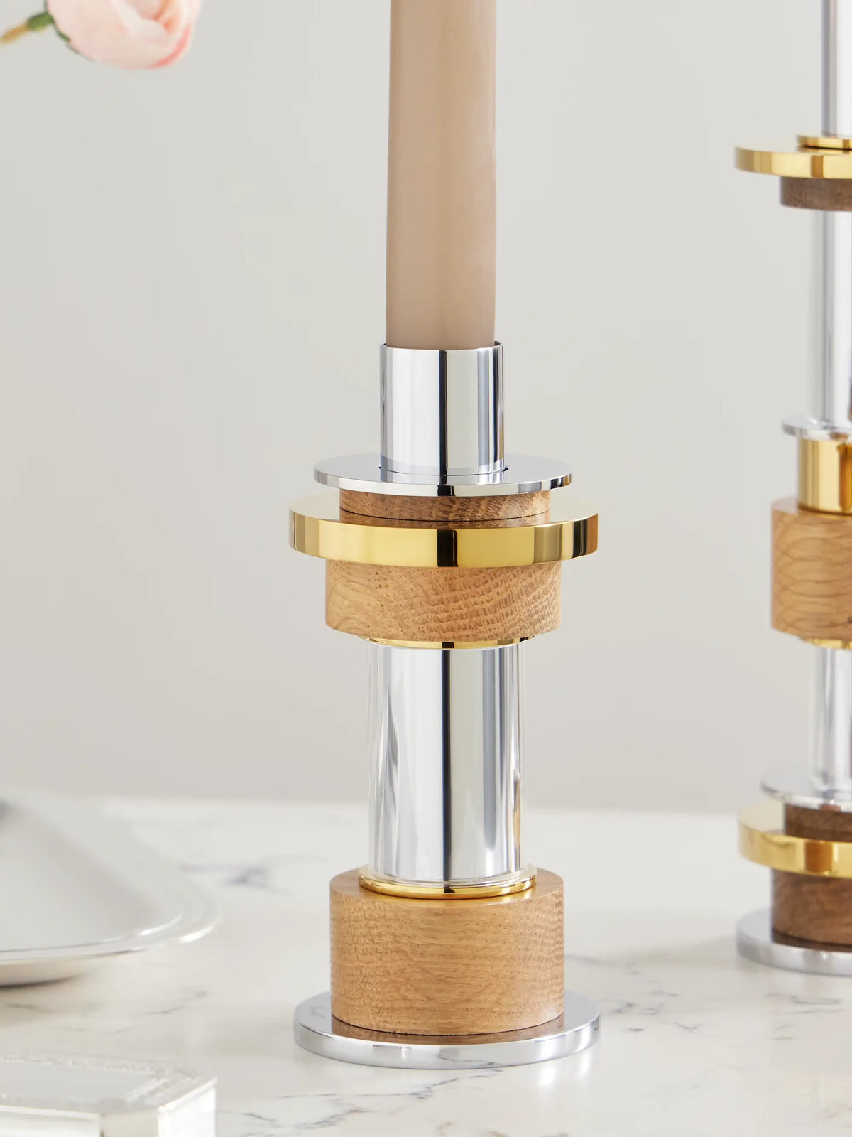 Myriade Medium Stainless Steel, Gold-tone, Oak And Glass Candle Holder