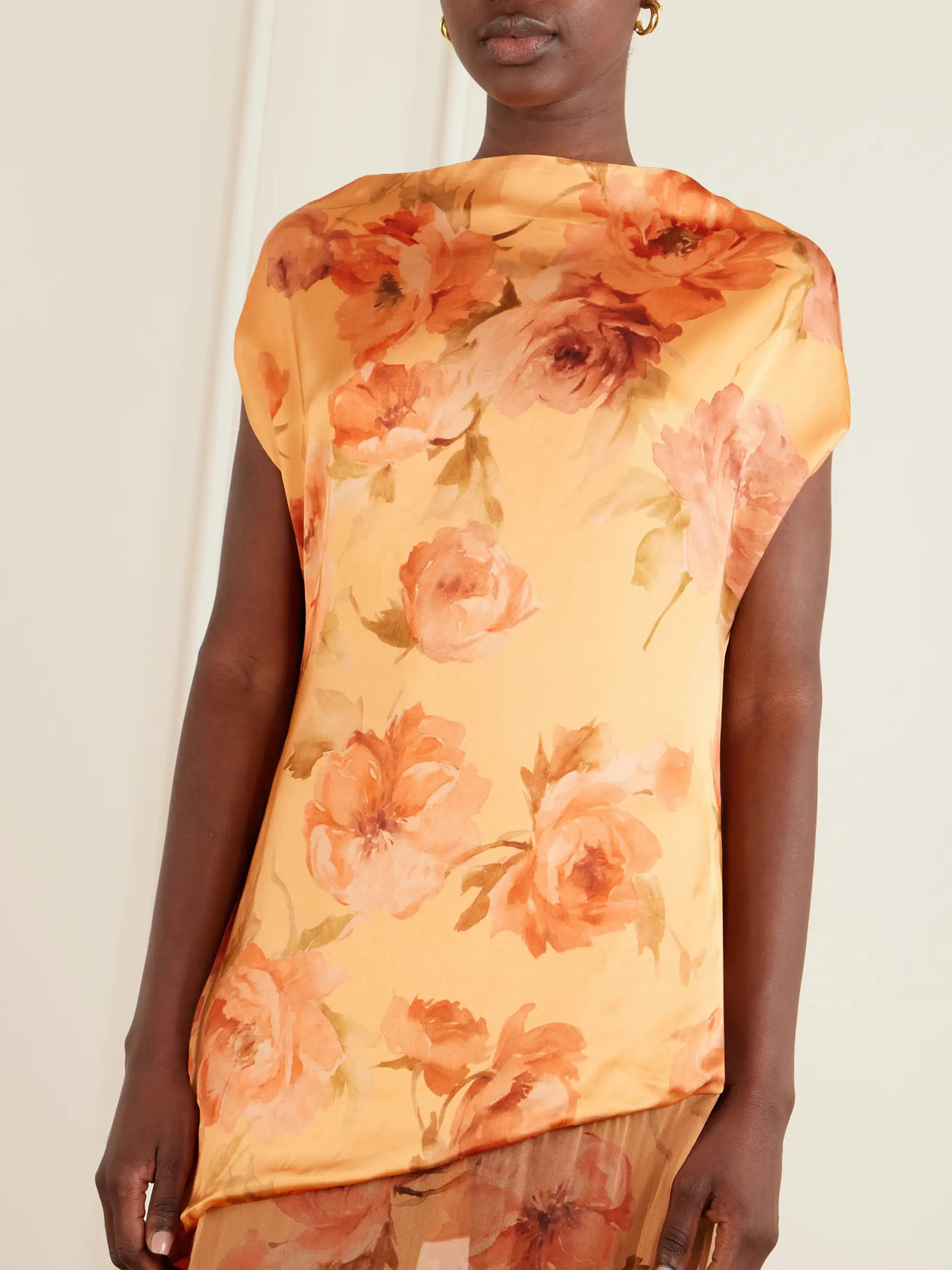 Floral-print Chiffon-trimmed Satin Gown