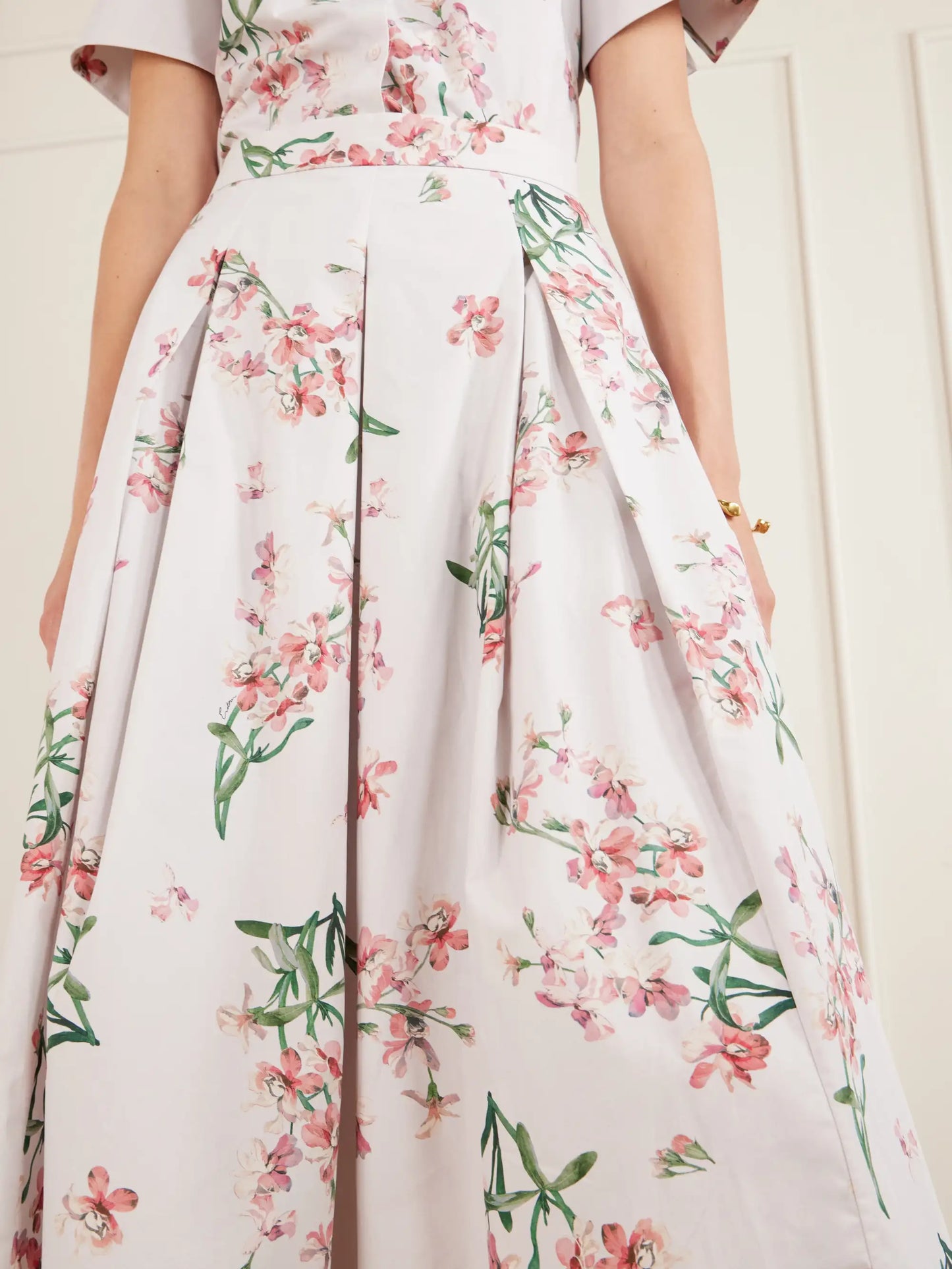 Pleated Floral-print Cotton-poplin Midi Skirt