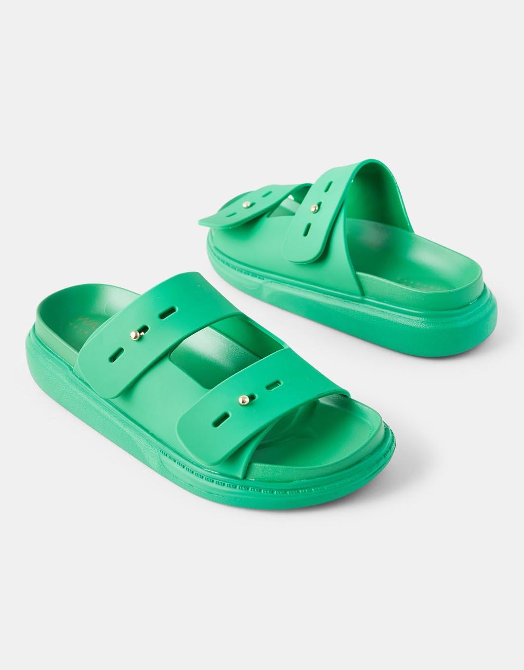 Image of Shoes. Product name - Tori Slide Emerald in Emerald colour by brand - Walnut Melbourne