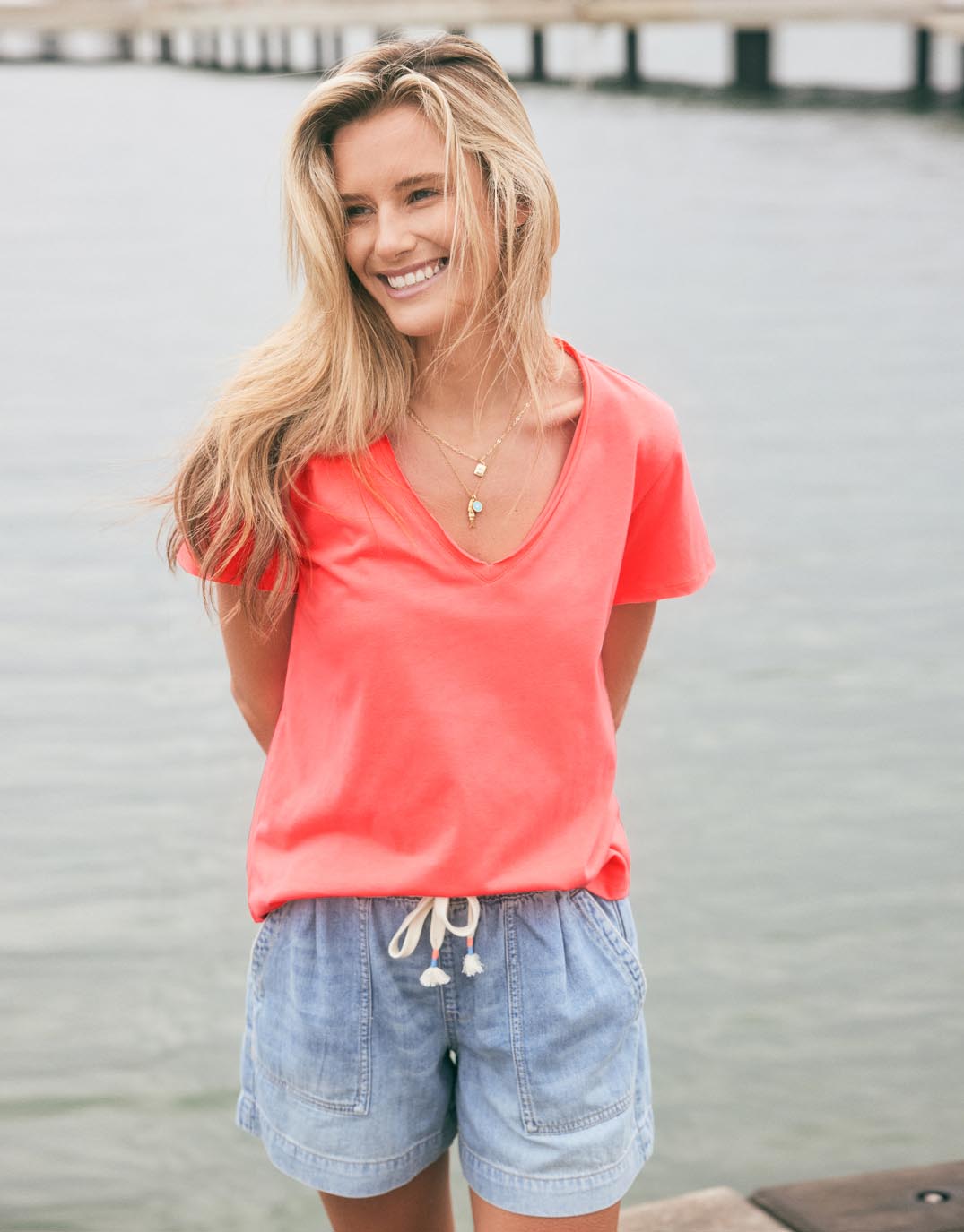 Image of T-Shirts. Productname: La Vacanza Vee Neck Tee - in Watermelon colour by brand - White & Co.