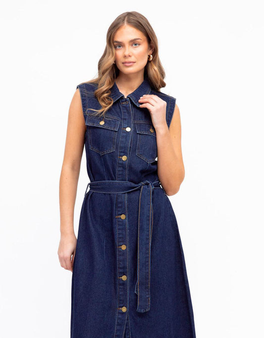 White Closet Audrey Denim Midi Dress (Indigo)