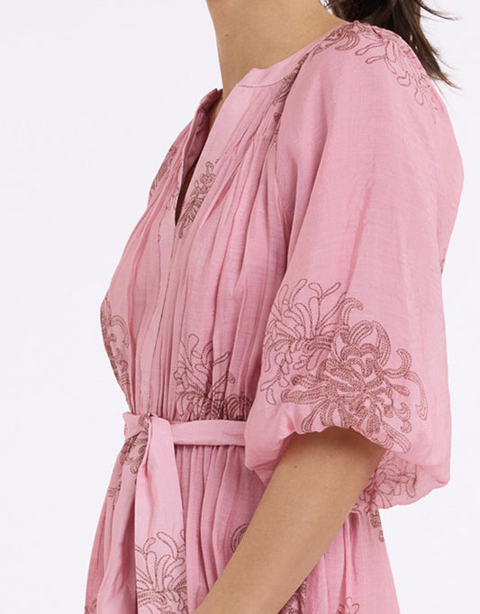 V-Neck Dress With Billow Sleeve - (Choc/Pink)