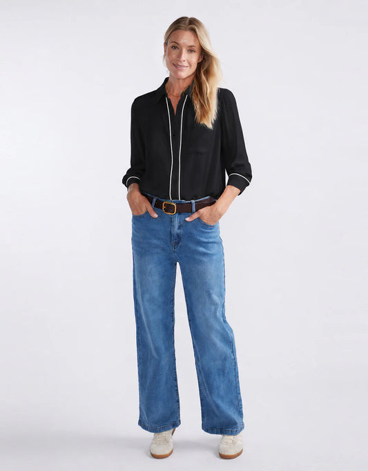 White & Co. Charlize Drape Shirt (Black/White Piping)