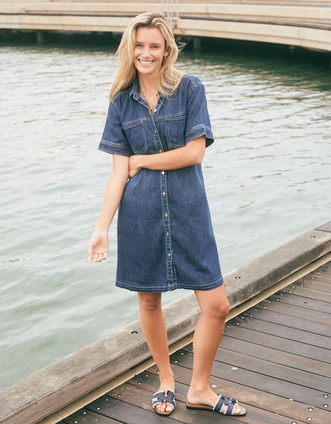 Image of Dresses. Productname: Claudia Denim Dress - in Dark Wash colour by brand - White & Co.