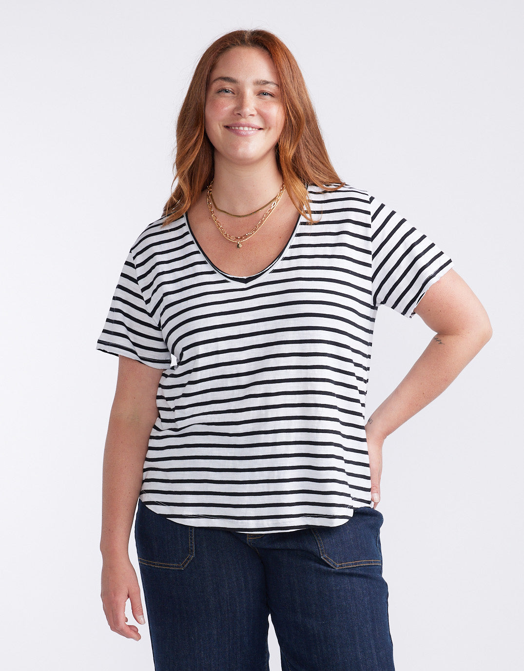 White & Co. Original V Neck T-Shirt (Black/White Stripe)