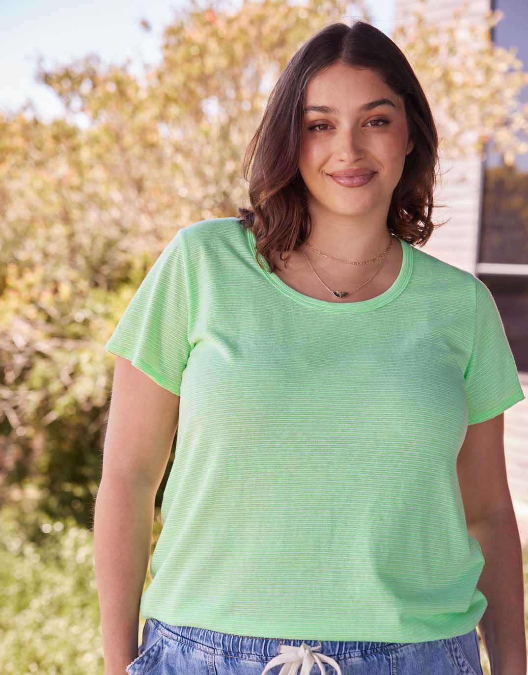 Image of a model wearing Tops. Productname: Sorbet Stripe Round Neck Tee - in Neon Green colour by brand - White & Co.