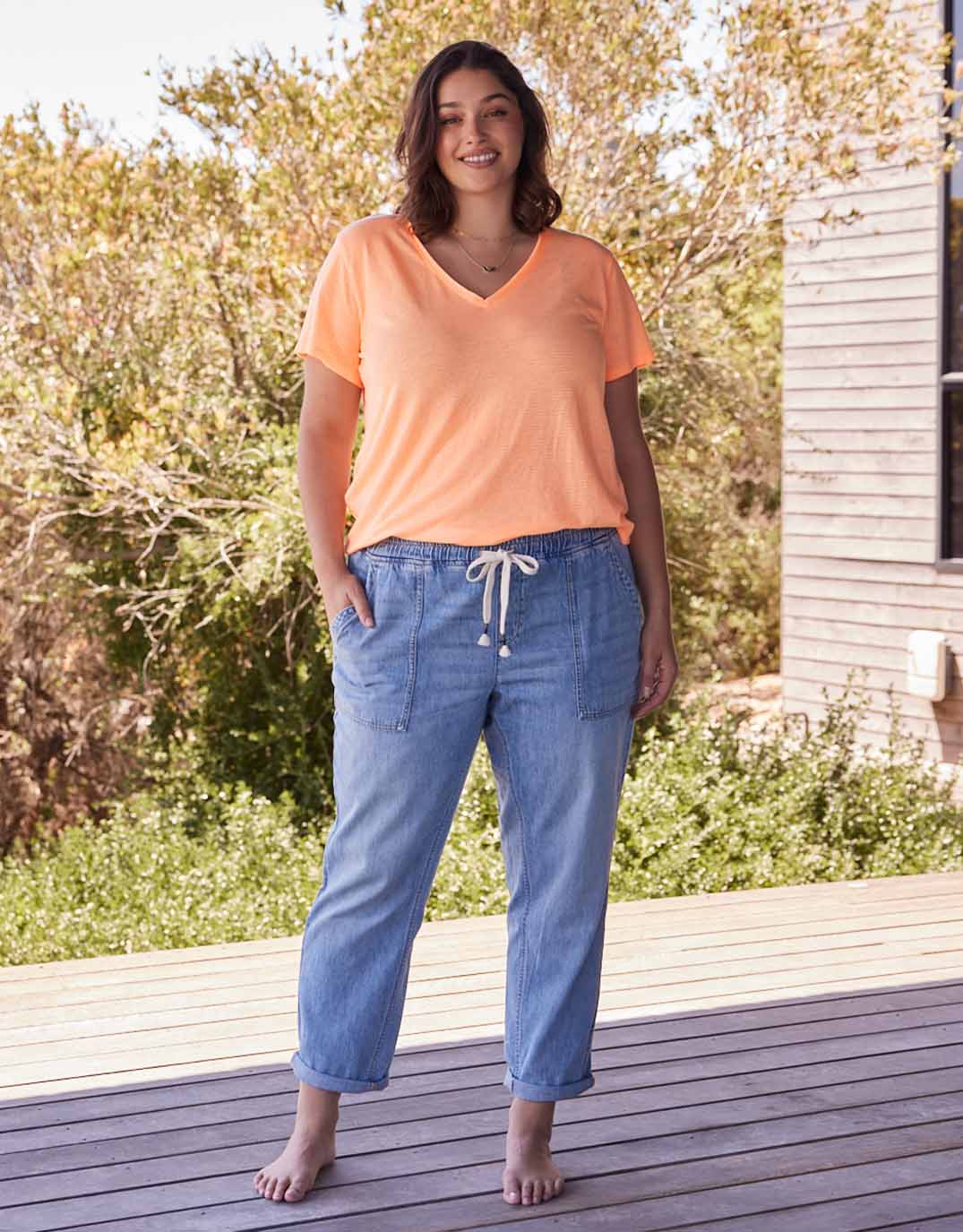 White & Co. Sorbet Stripe Vee Neck Tee (Neon Orange)