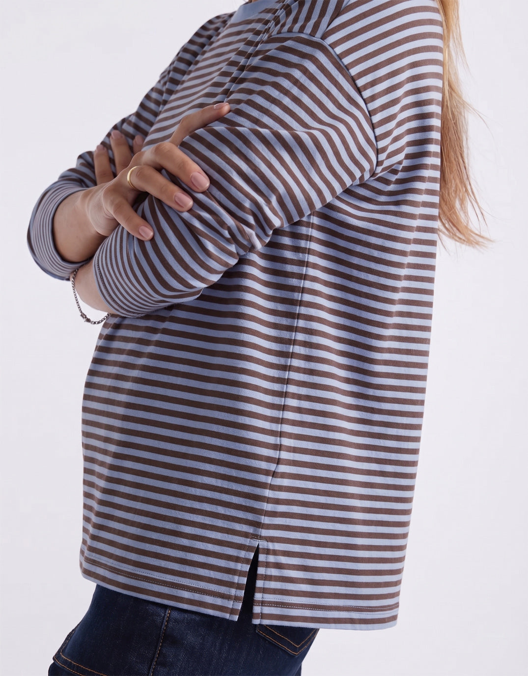White & Co. Relaxed Long Sleeve T-Shirt Blue/Chocolate (Blue/Choco)