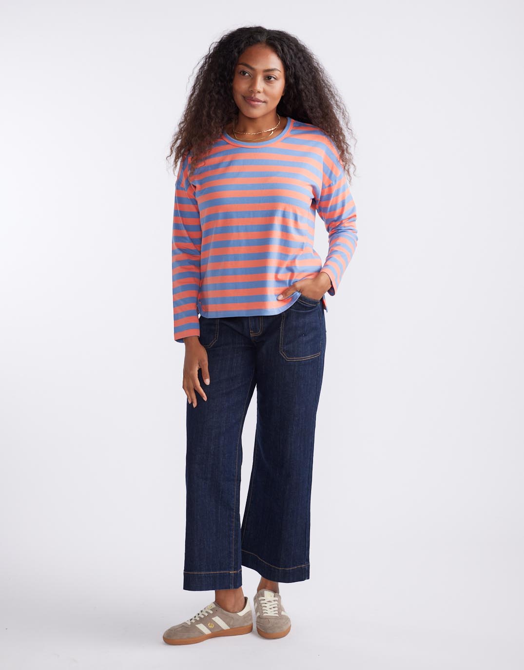 White & Co. Relaxed Long Sleeve T-Shirt (Melon/Denim Stripe)