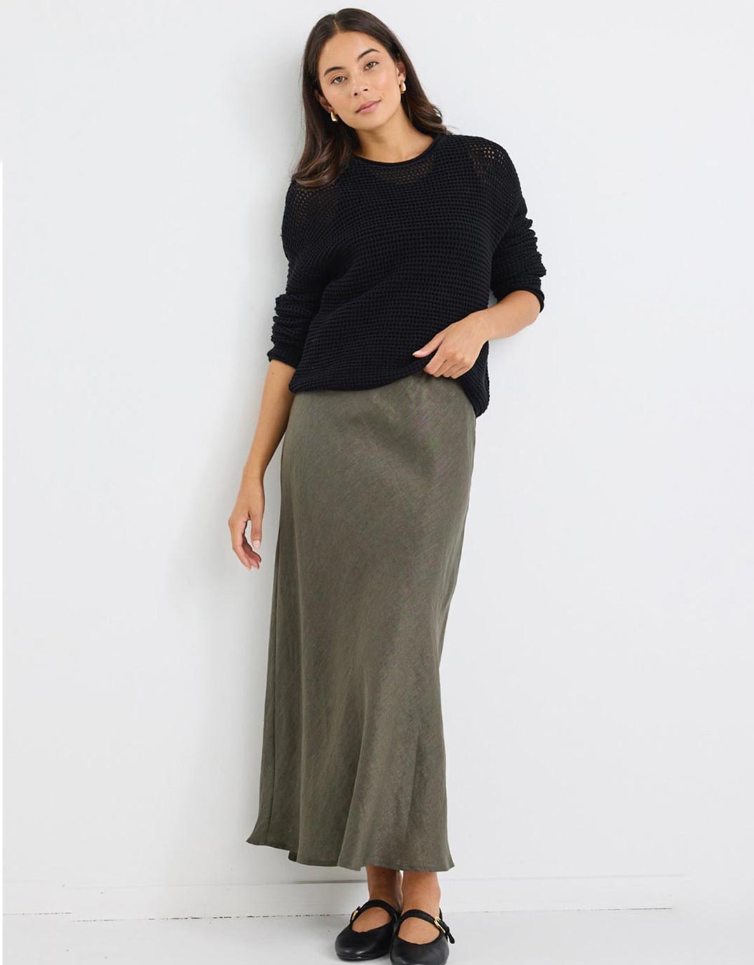 Re:Union The Label Bliss Linen Bias Midi Skirt (Khaki)