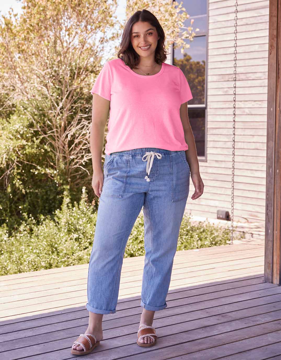 White & Co. Sorbet Stripe Round Neck Tee (Neon Pink)