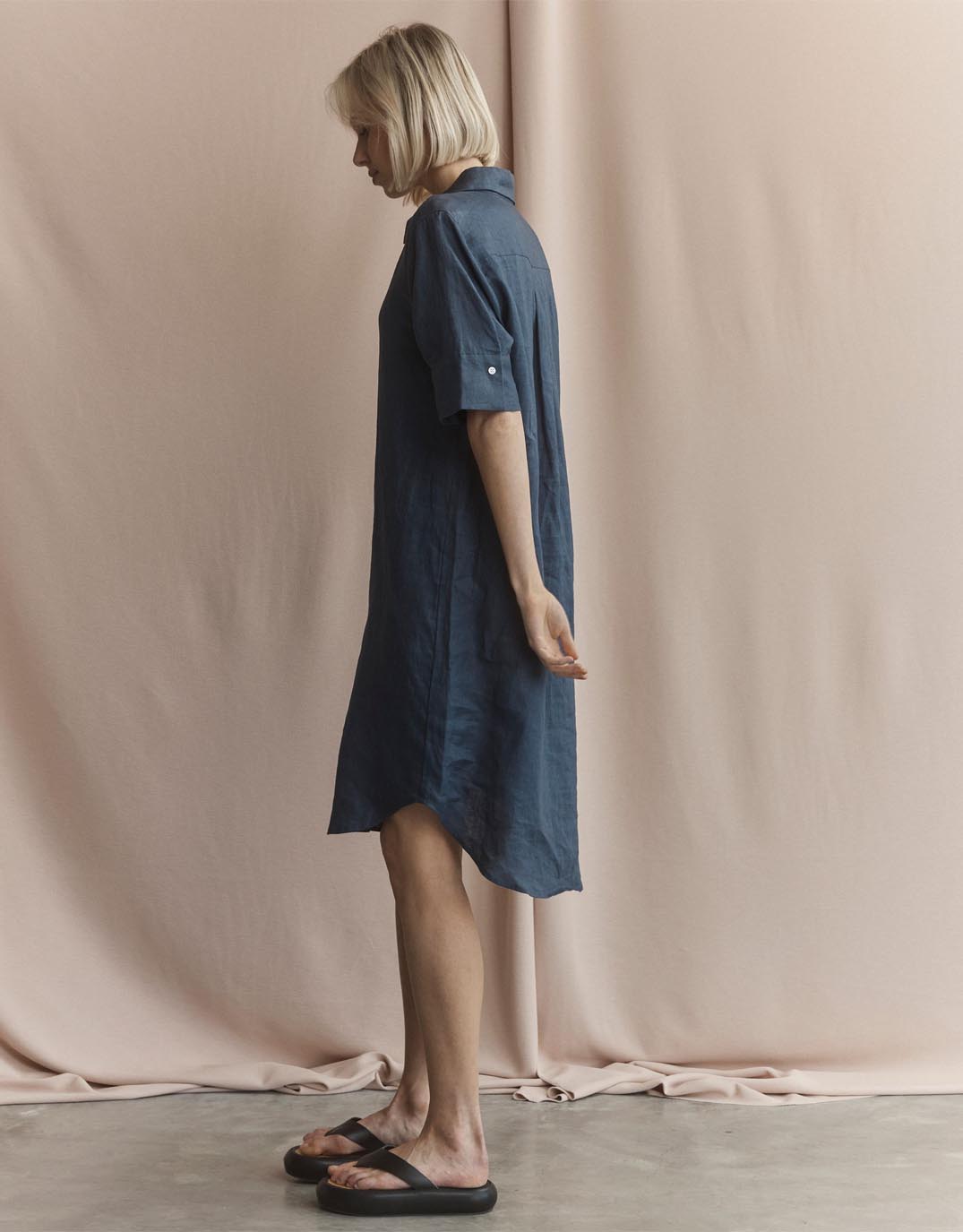 White by FTL Hettie Linen Shirt Dress (French Navy)