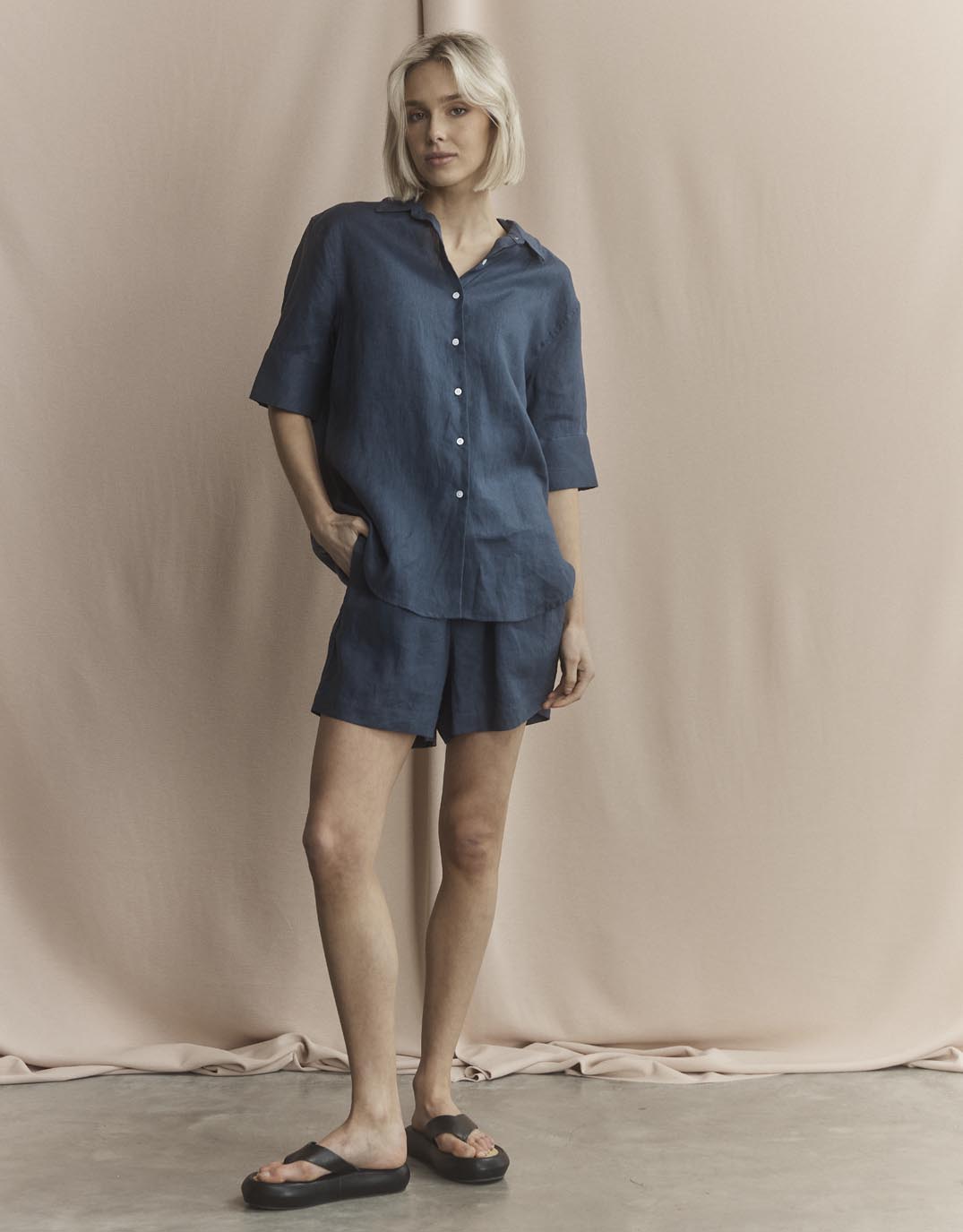 White by FTL Nora Linen Shirt (French Navy)