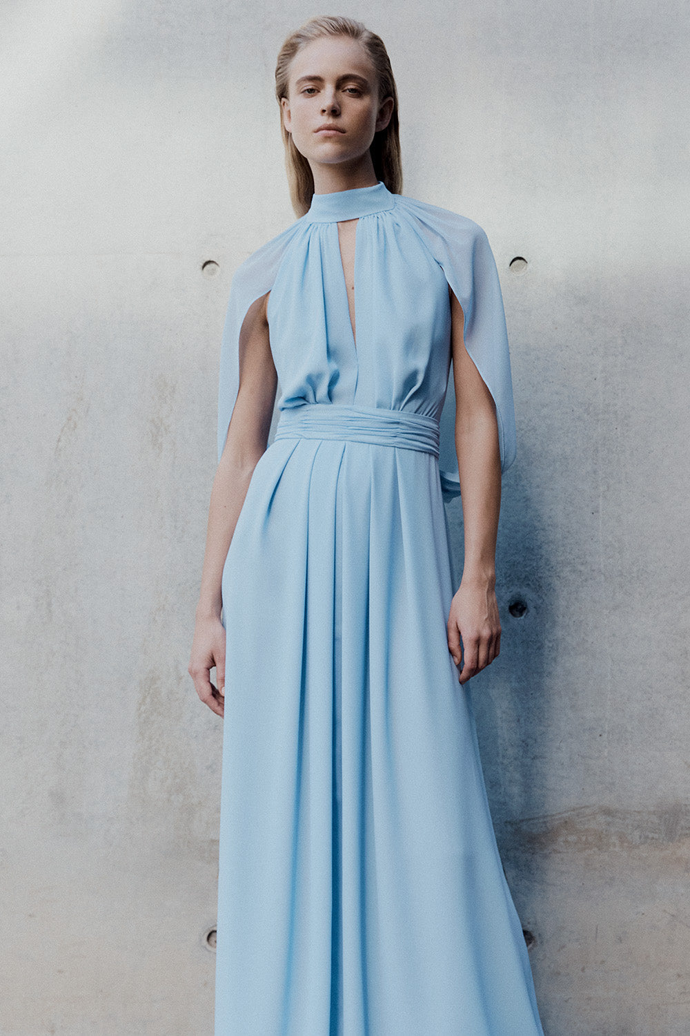 Carla Zampatti Powder Georgette Halter Cape Gown (Blue)
