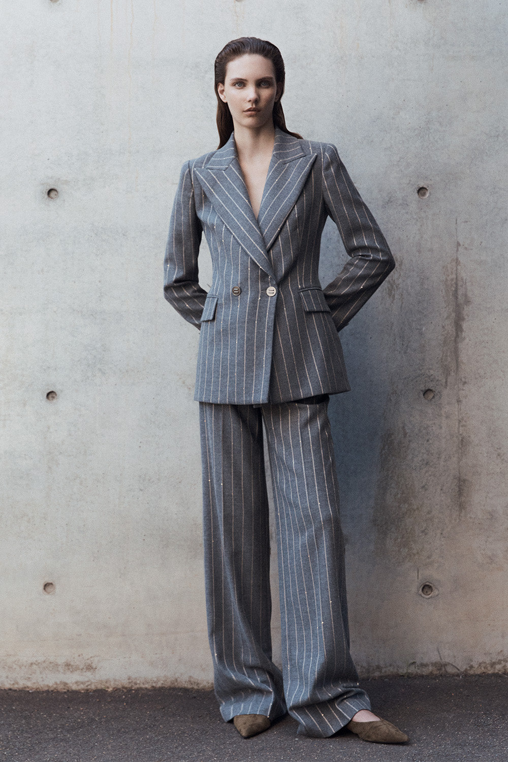 Carla Zampatti Slate Italian Wool Pinstripe Wide Leg Pant (Grey)