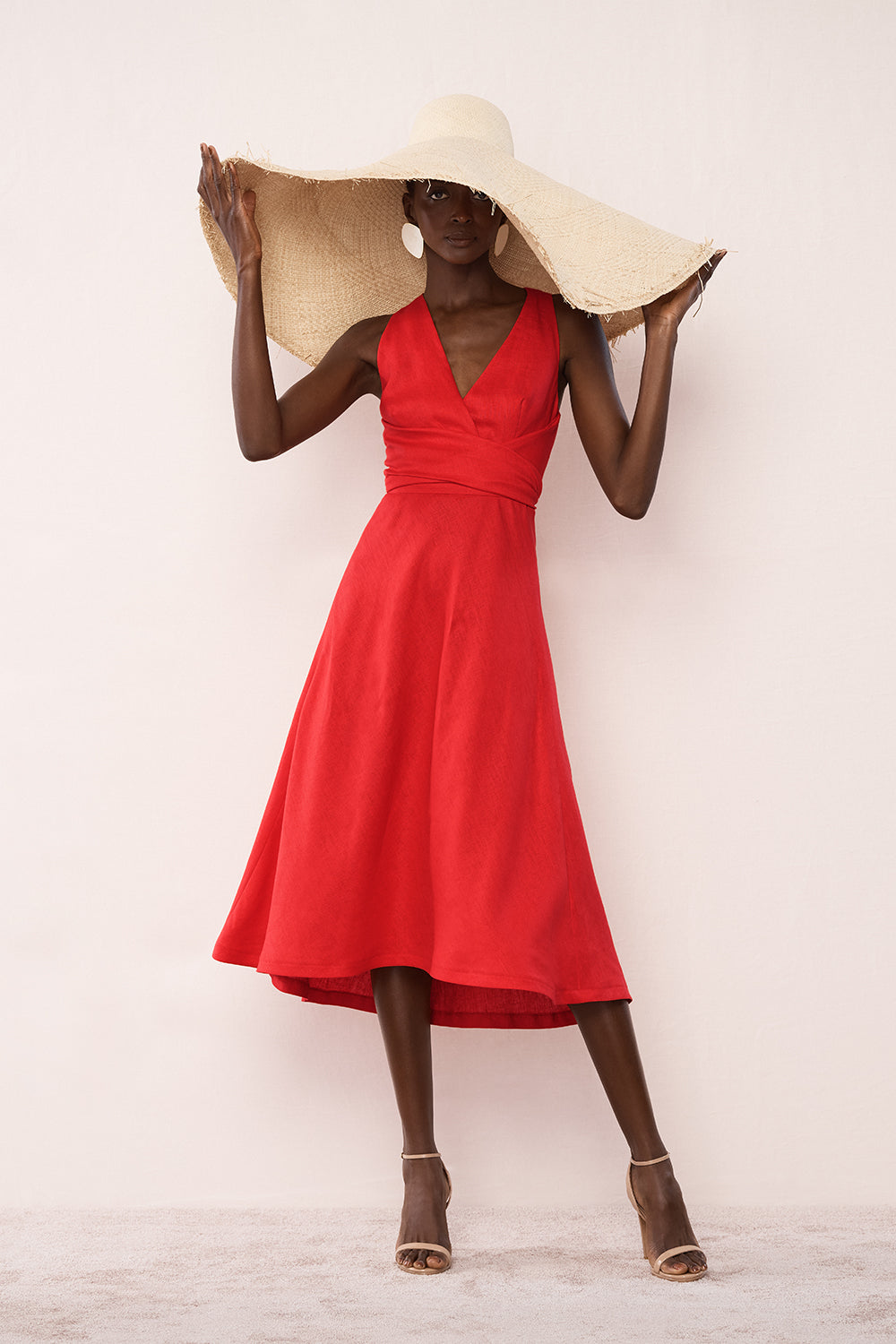 Carla Zampatti Scarlatto Linen V-Neck Wrap Dress (Red)