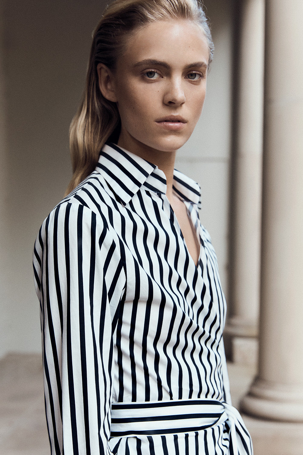 Carla Zampatti And White Stripe Cotton Wrap Top (Black)