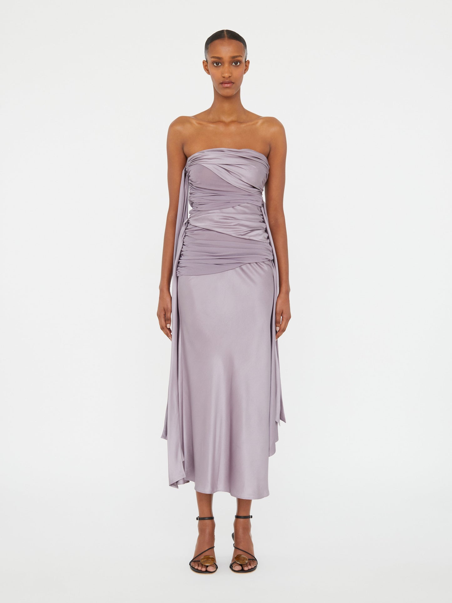 Image of Dresses. Productname: Christopher Esber Knotted Silk Gather Midi Dress in Mauve colour by brand - Christopher Esber