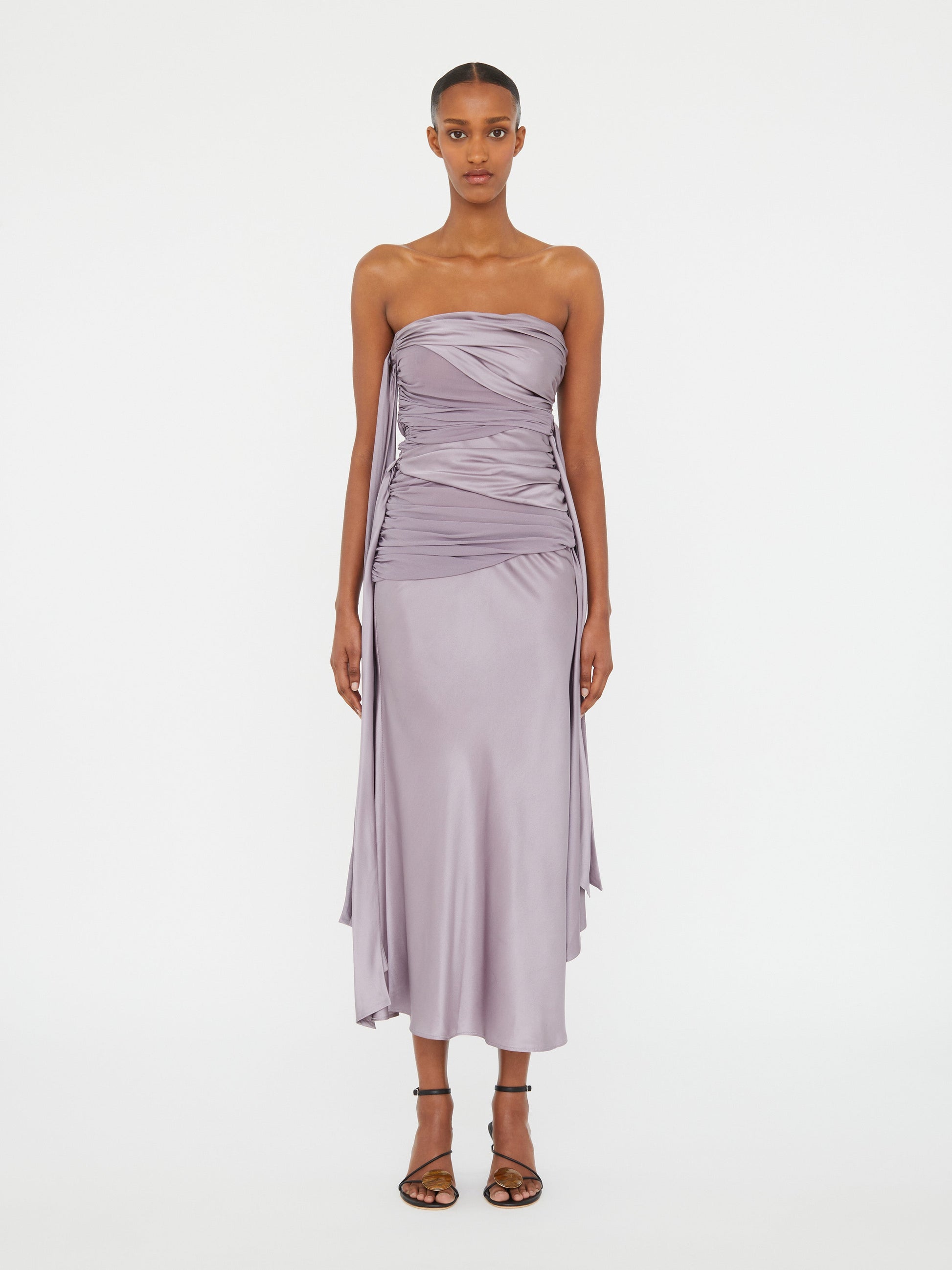 Image of Dresses. Productname: Christopher Esber Knotted Silk Gather Midi Dress in Mauve colour by brand - Christopher Esber