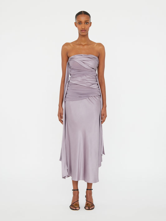 Image of Dresses. Productname: Christopher Esber Knotted Silk Gather Midi Dress in Mauve colour by brand - Christopher Esber