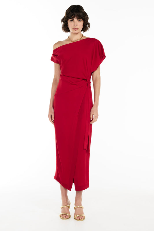 Image of Dresses. Productname: In Essence Off Shoulder Dress in Ruby Red colour by brand - Manning Cartell