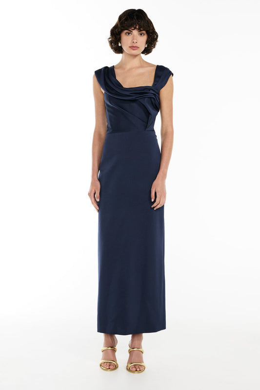 Image of Dresses. Productname: Sculpted Drape Dress in Navy colour by brand - Manning Cartell