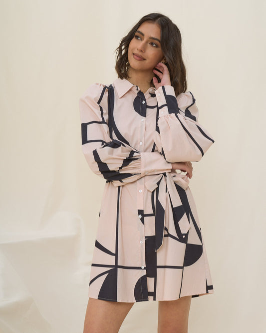 Image of Dresses. Productname: HEYCHIC Meiro Pink and Black Abstract Geo Mini Dress in Blush colour by brand - HEYCHIC