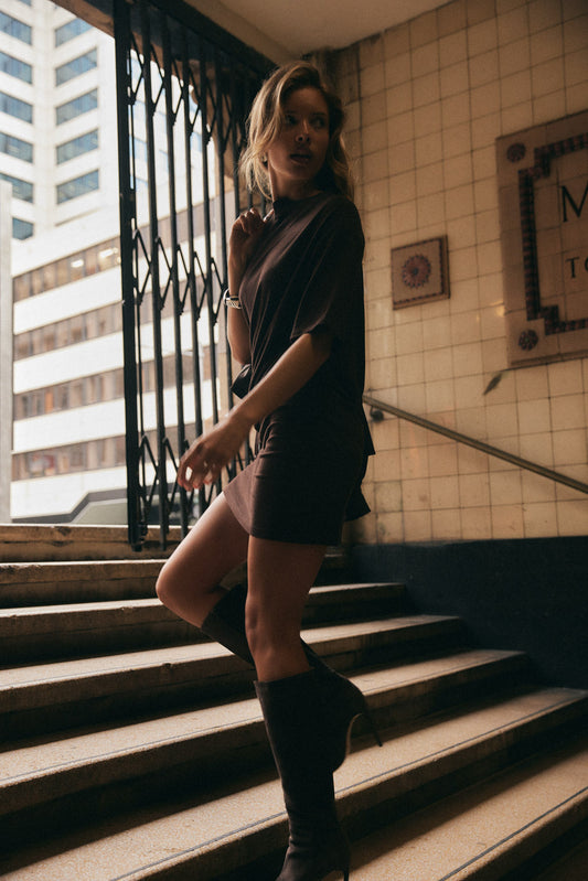 Image of Dresses. Productname: SNDYS AIRLIE MINI DRESS in Chocolate colour by brand - SNDYS