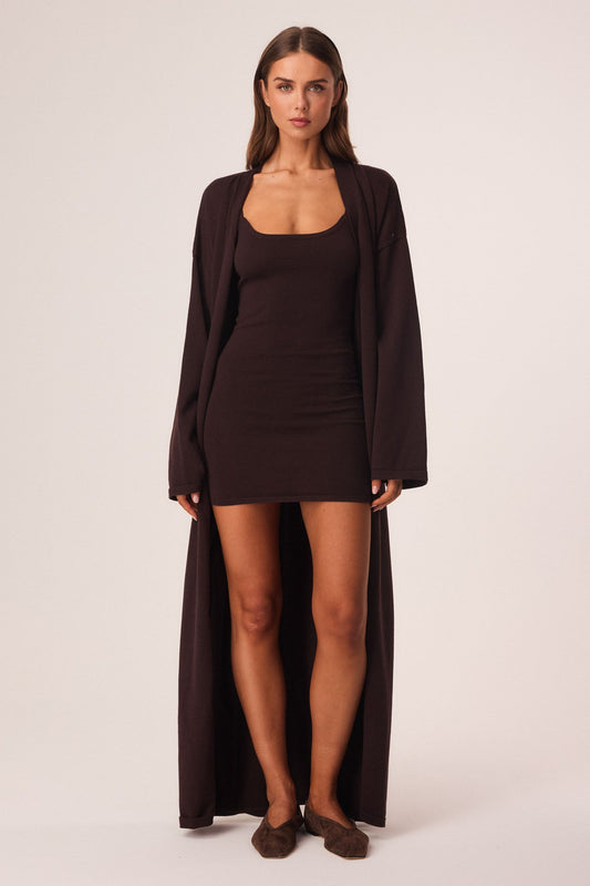 Image of a model wearing Outerwear. Productname: SNDYS SAMIRA MAXI CARDIGAN in Chocolate colour by brand - SNDYS