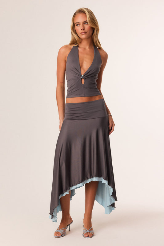 Image of a model wearing Skirts. Productname: SNDYS MADISON MIDI SKIRT in Charcoal colour by brand - SNDYS
