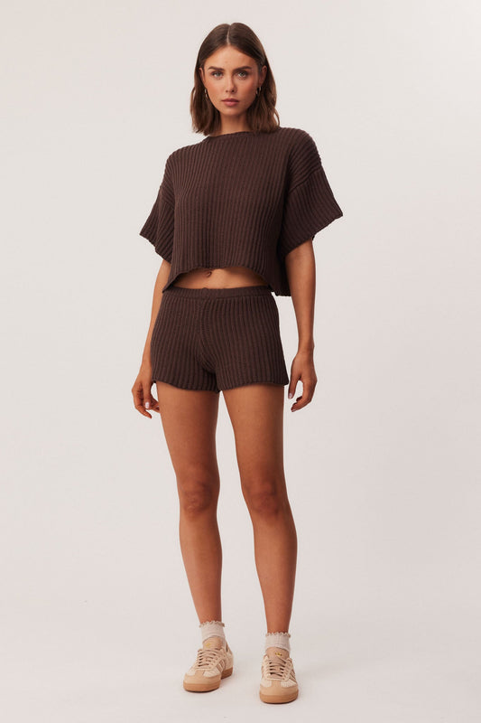 Image of a model wearing Shorts. Productname: SNDYS BRINLEY SHORTS in Chocolate colour by brand - SNDYS